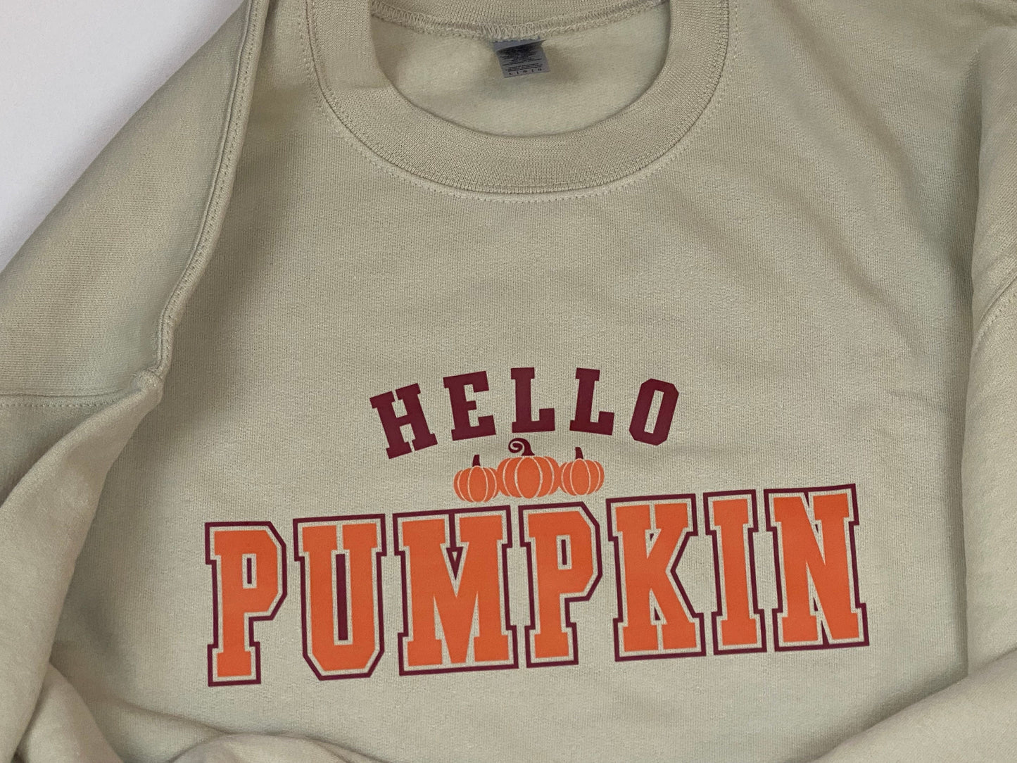 Hello Pumpkin. Shirt for Fall Season. Adult Unisex Heavy Blend 50/50 Fleece Crew in Sand . Halloween Sweatshirt