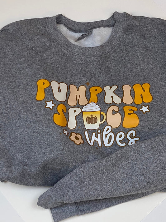 Pumpkin Spice Vibes Shirt. Adult Unisex Heavy Blend 50/50 Fleece Crew in Graphite Heather. Halloween, Fall, Autumn, Thanksgiving Sweatshirt