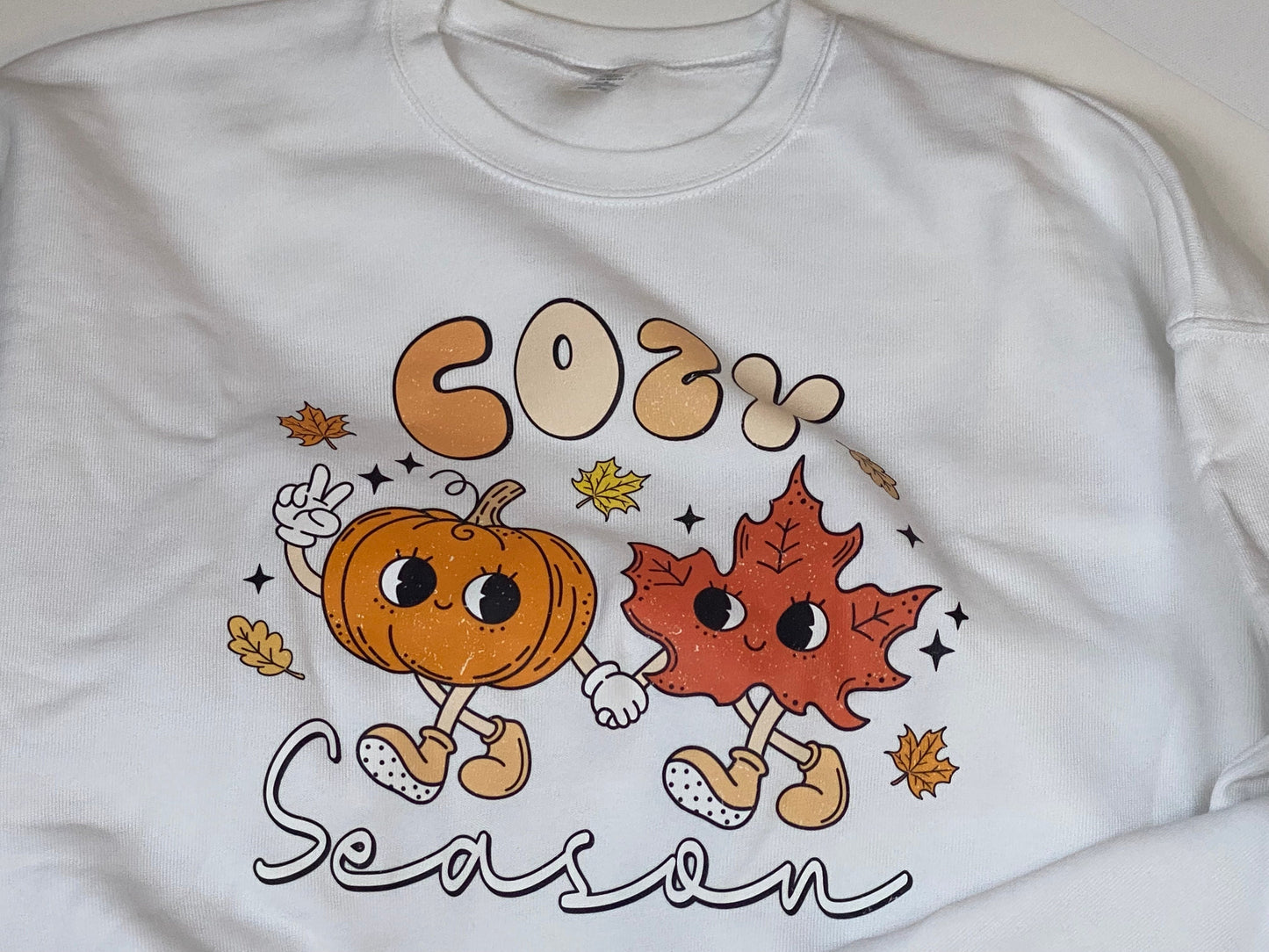 Cozy Soft White Sweatshirt, Cozy Season with Pumpkin and Fall Leaves Design, Graphic Tees, DTF Sweatshirt