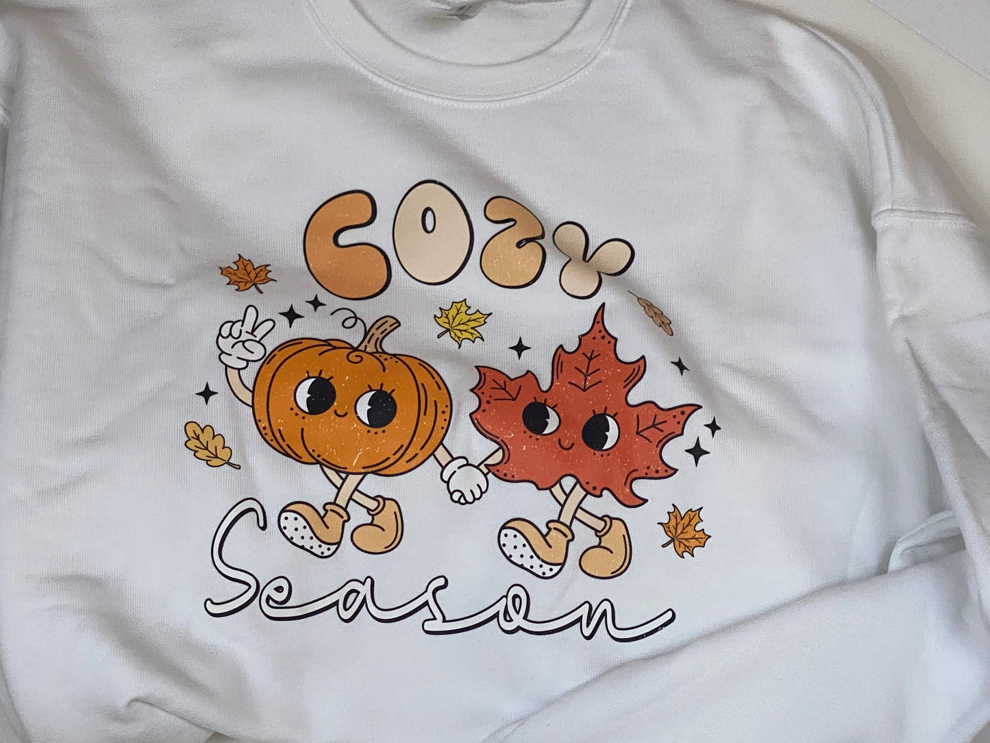 Cozy Soft White Sweatshirt, Cozy Season with Pumpkin and Fall Leaves Design, Graphic Tees, DTF Sweatshirt