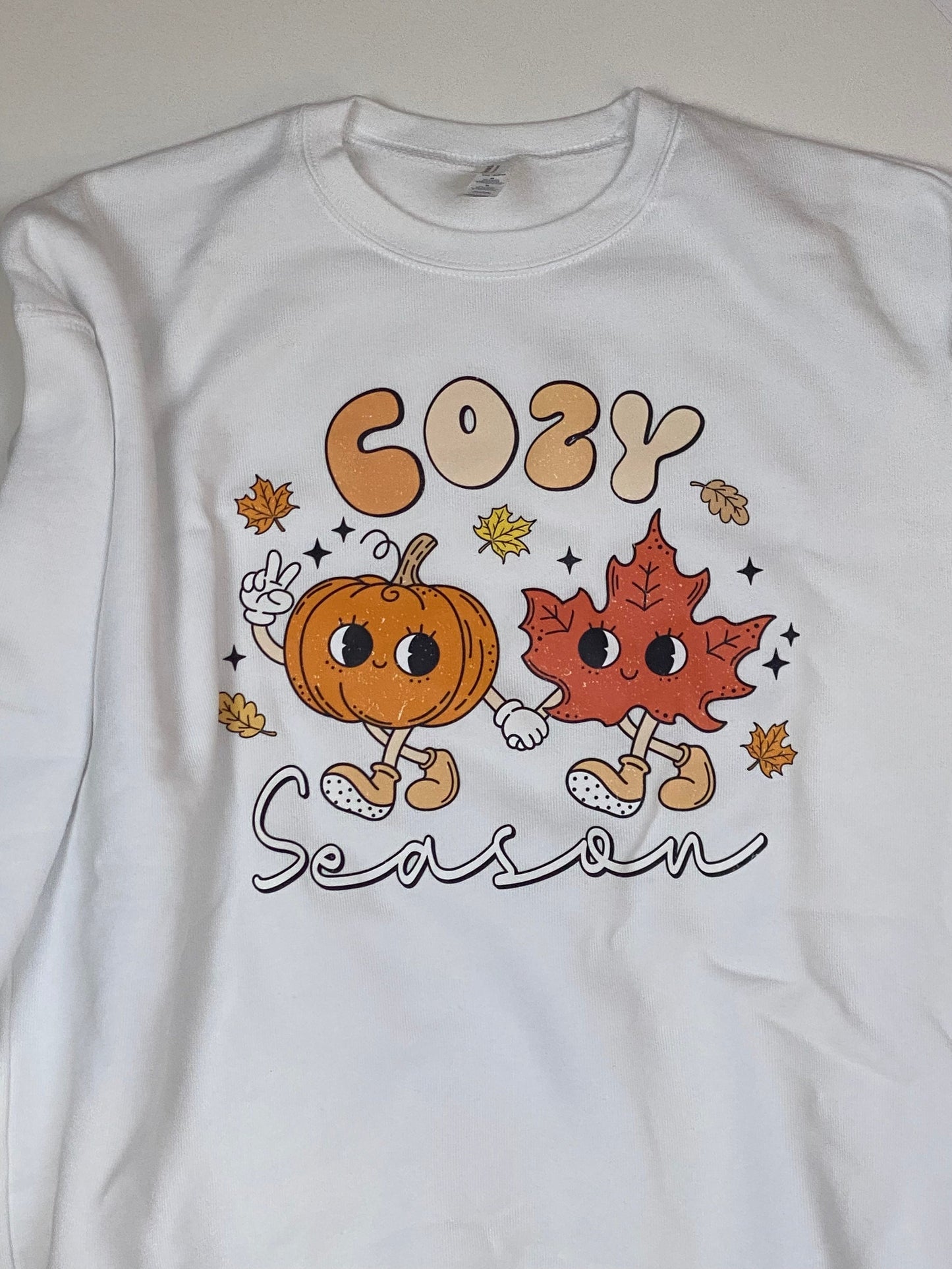 Cozy Soft White Sweatshirt, Cozy Season with Pumpkin and Fall Leaves Design, Graphic Tees, DTF Sweatshirt