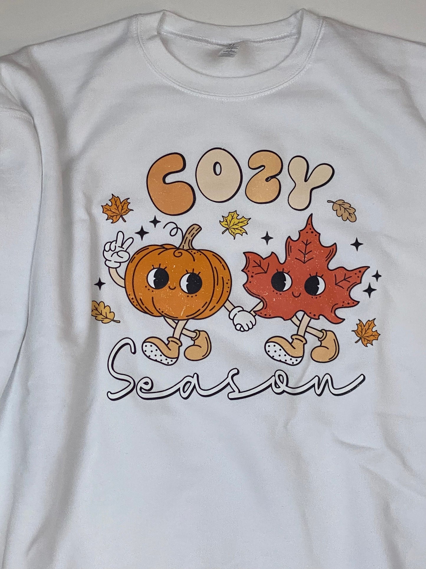 Cozy Soft White Sweatshirt, Cozy Season with Pumpkin and Fall Leaves Design, Graphic Tees, DTF Sweatshirt