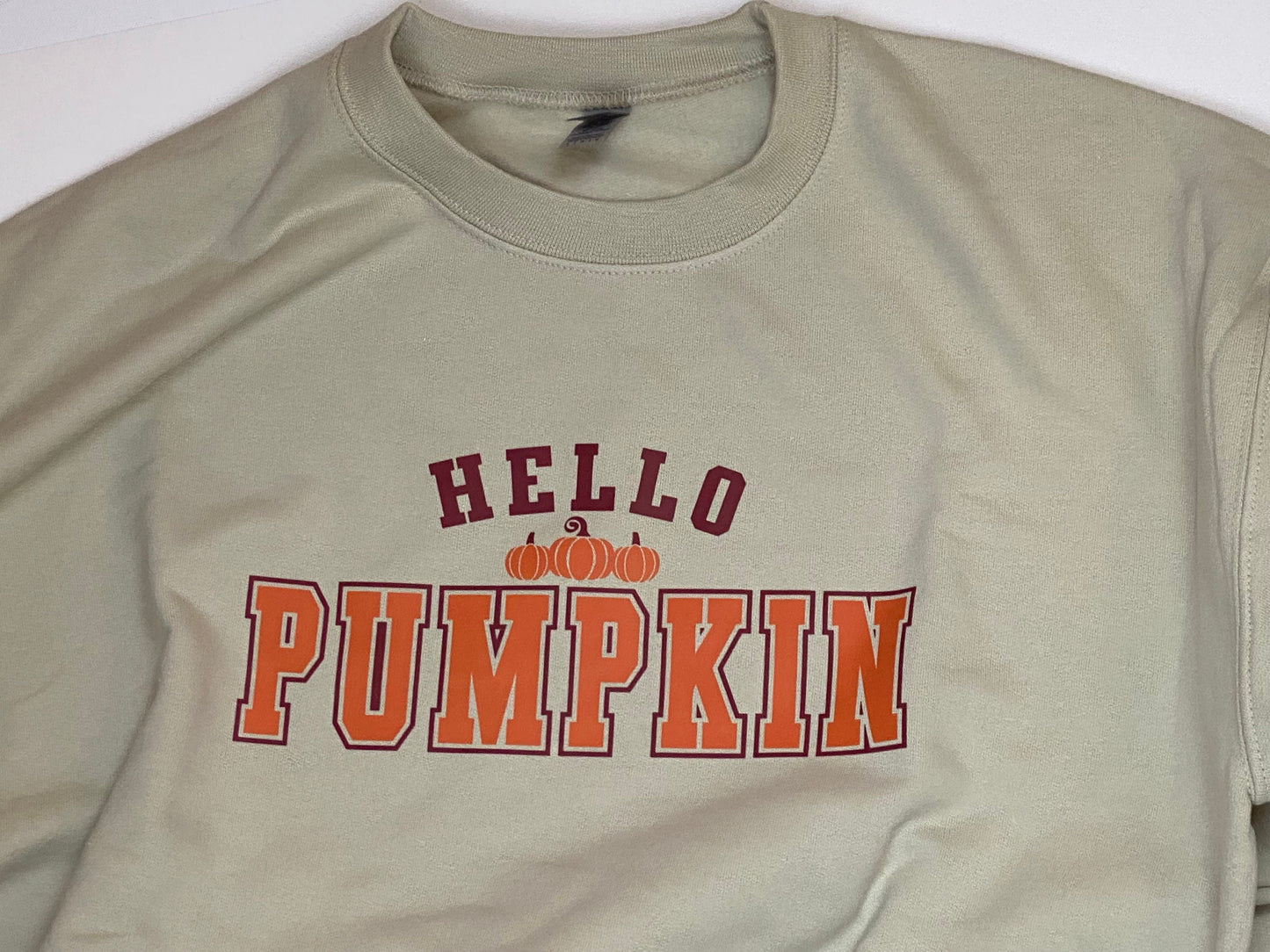 Hello Pumpkin. Shirt for Fall Season. Adult Unisex Heavy Blend 50/50 Fleece Crew in Sand . Halloween Sweatshirt