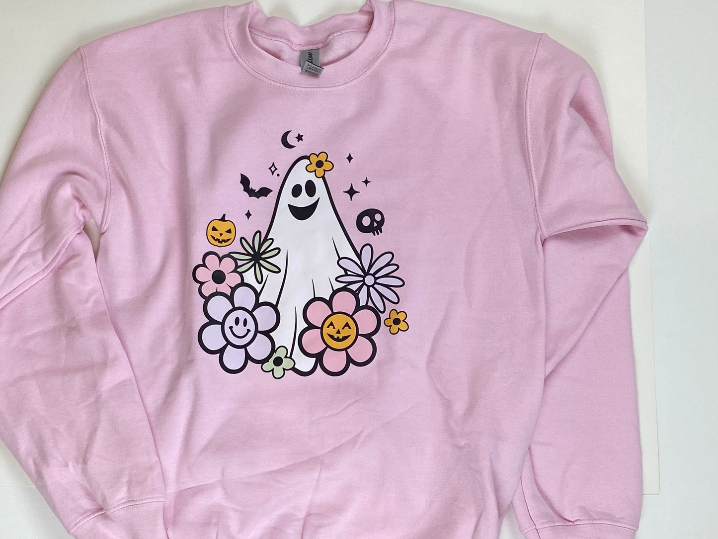 Fall Sweatshirt with 70s Retro Theme Ghost and Flowers