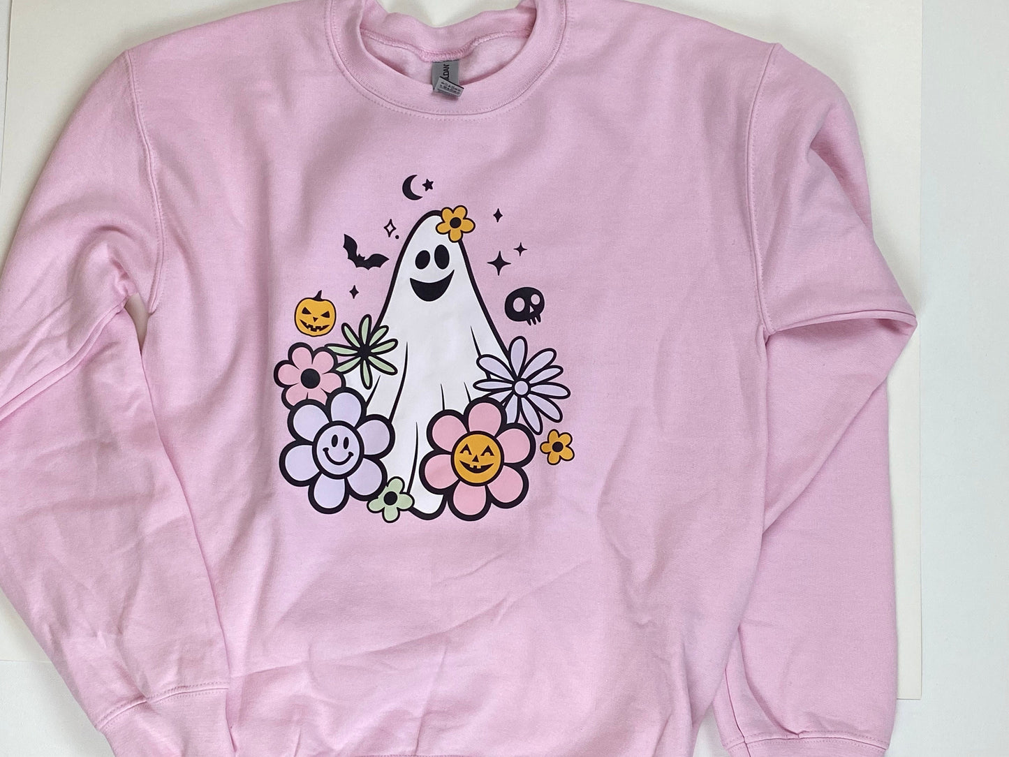 Fall Sweatshirt with 70s Retro Theme Ghost and Flowers