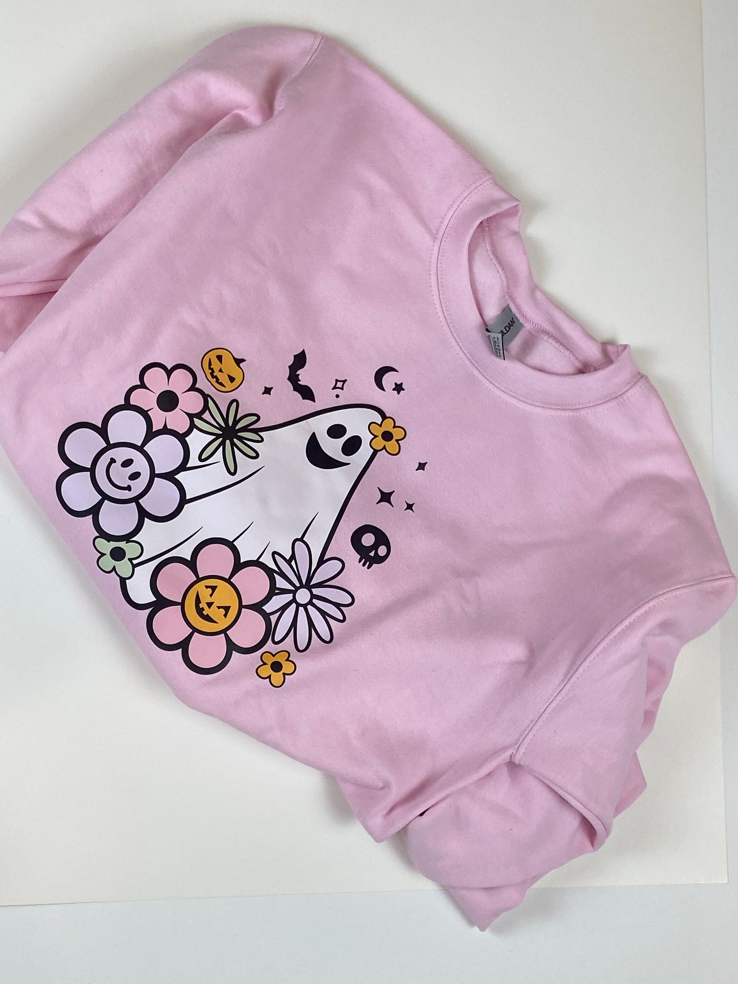 Fall Sweatshirt with 70s Retro Theme Ghost and Flowers