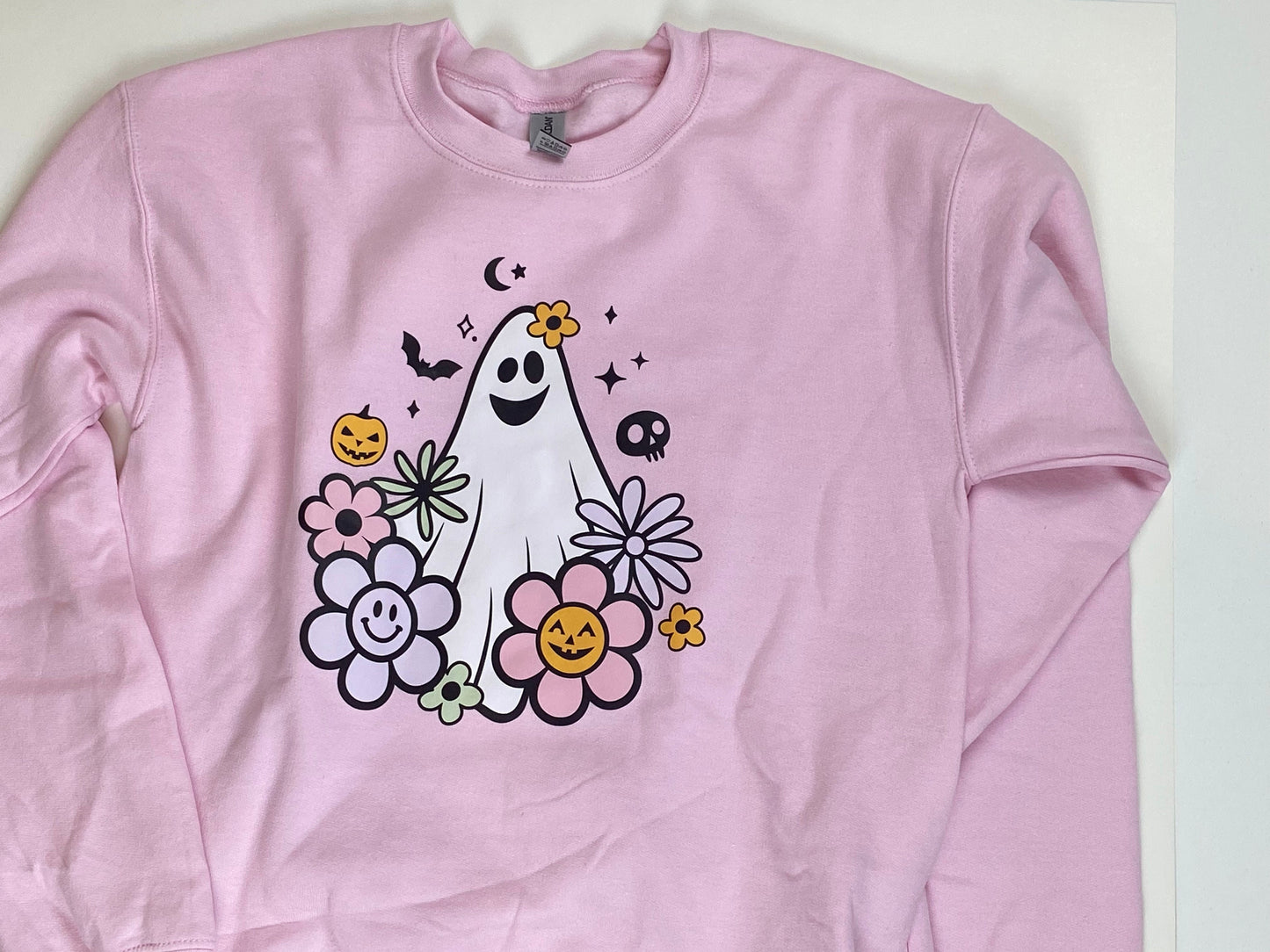 Fall Sweatshirt with 70s Retro Theme Ghost and Flowers