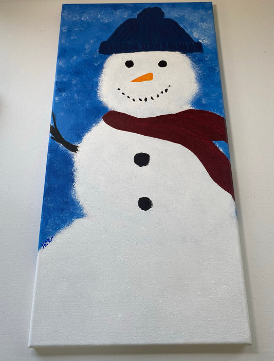 Snowman Painting in Acrylic on Canvas for Winter and Christmas Season, 12x24 Inches