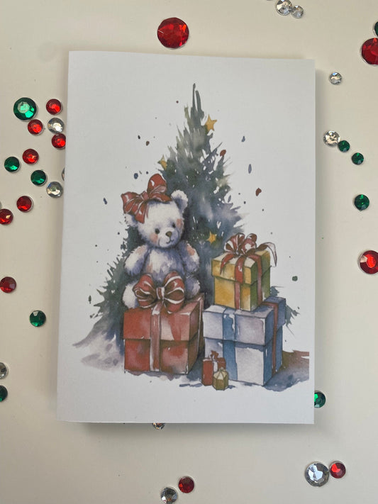 Merry Christmas Printed Greeting Card with a Pretty Christmas Tree a Cute Teddy Bear and Presents