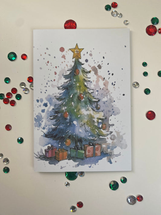 Merry Christmas Printed Greeting Card with a Pretty Christmas Tree and Presents