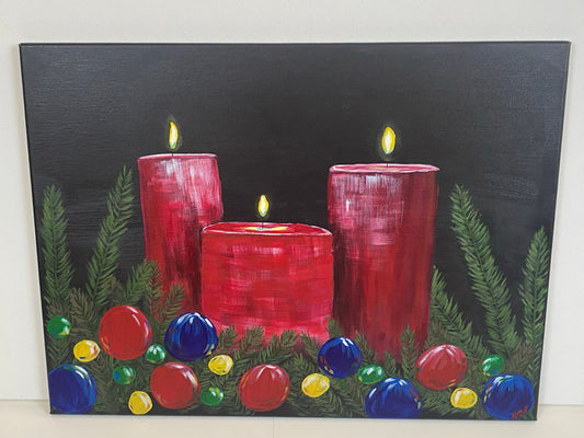 Christmas Candles Painting in Acrylic on Canvas, 20x24 Inches