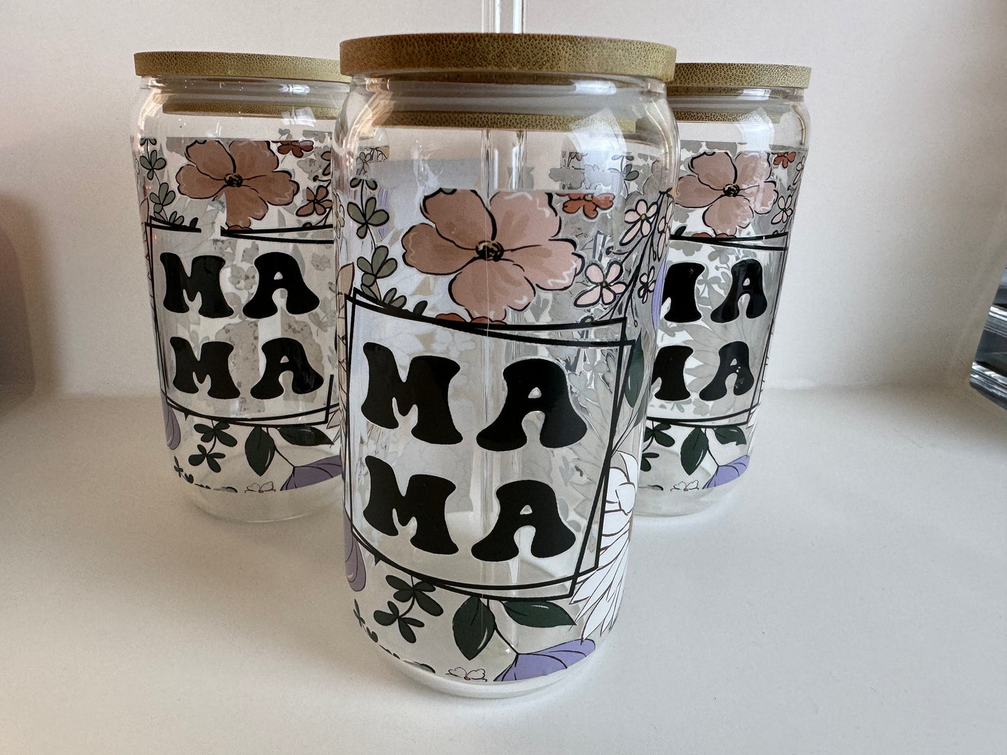 Glass Cup For Iced Coffee,  Mama with Floral Design, 16 Oz Sarcastic Glass Can