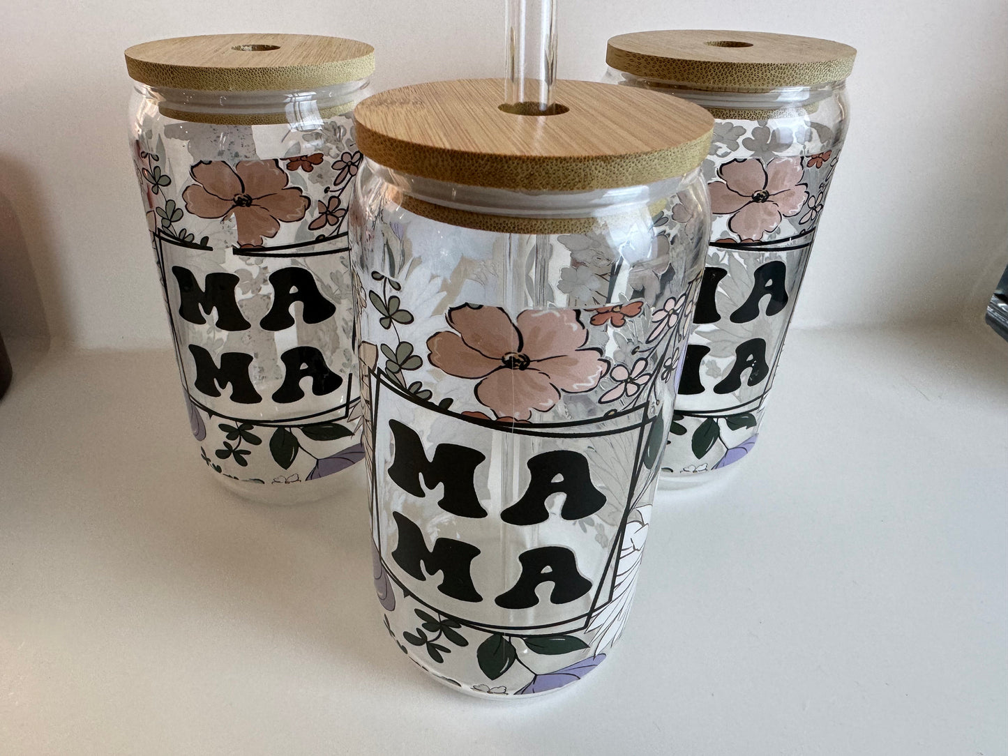 Glass Cup For Iced Coffee,  Mama with Floral Design, 16 Oz Sarcastic Glass Can