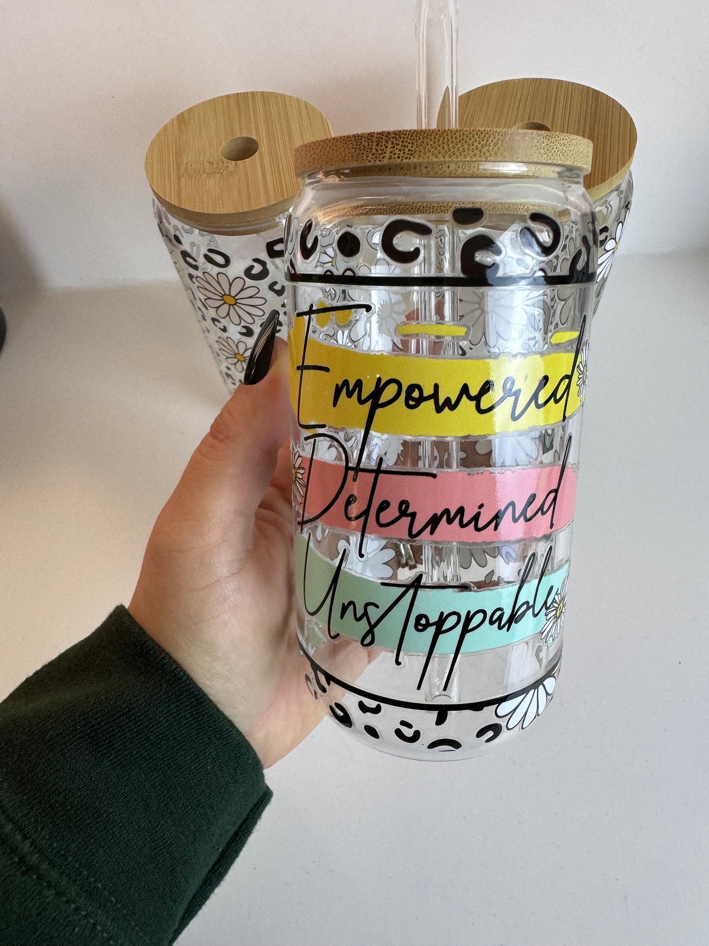 Iced Coffee Glass Cup, Empowered Determined Unstoppable, Motivational Cups