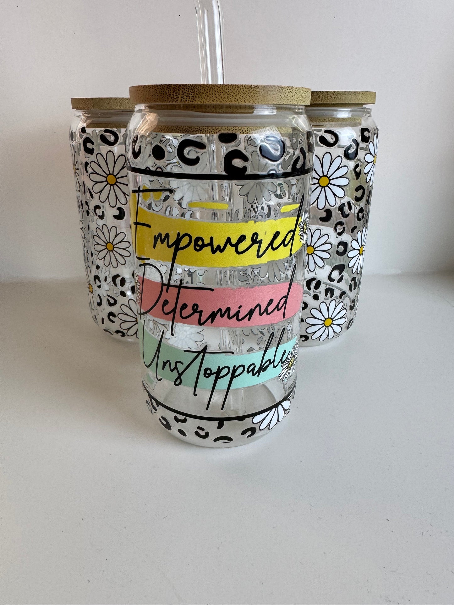 Iced Coffee Glass Cup, Empowered Determined Unstoppable, Motivational Cups