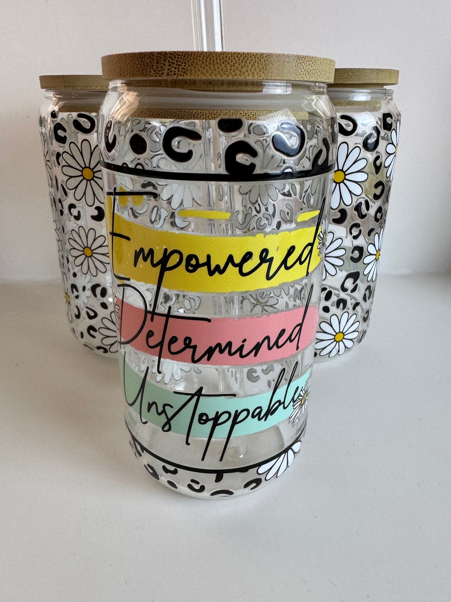 Iced Coffee Glass Cup, Empowered Determined Unstoppable, Motivational Cups