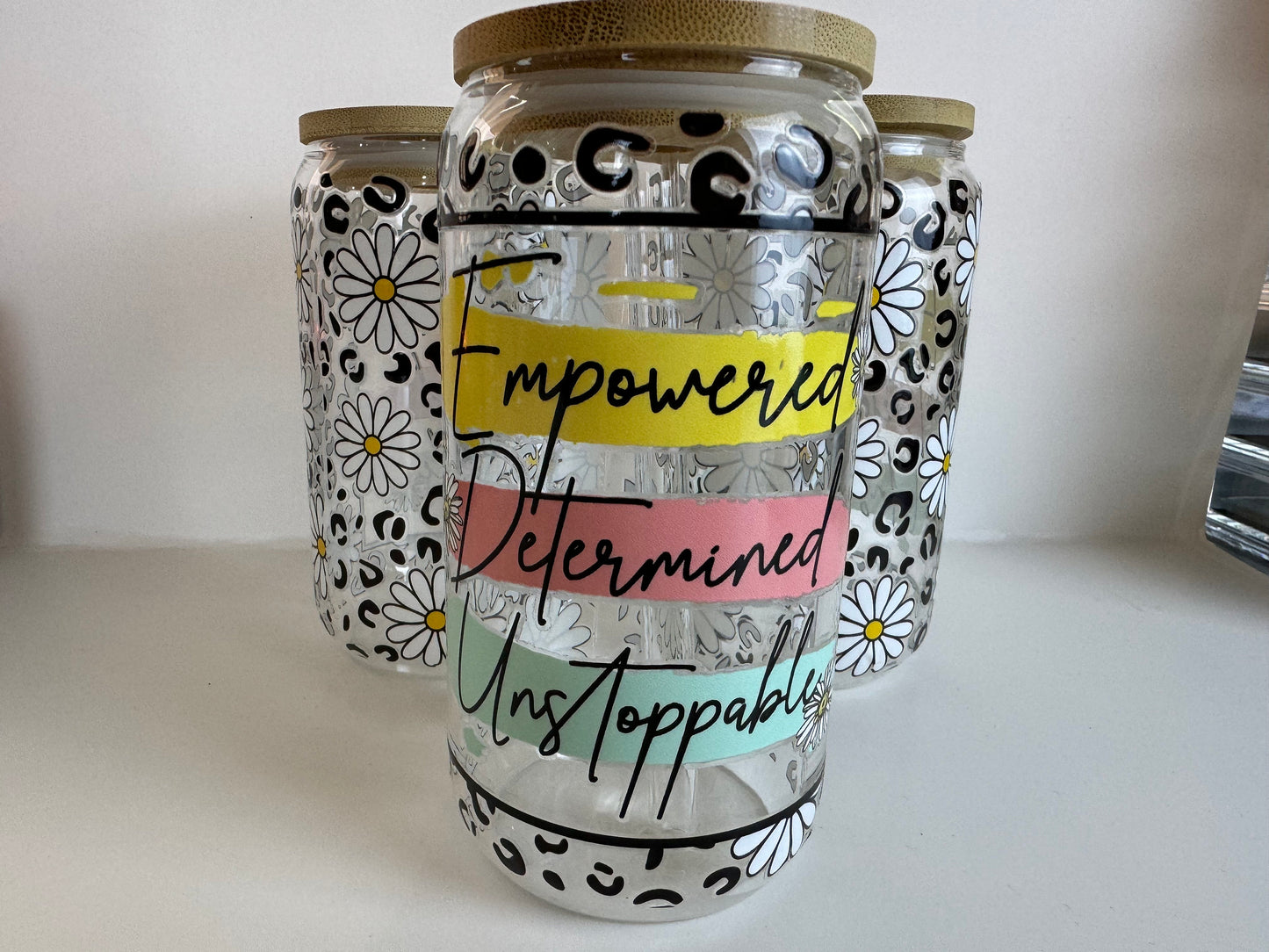 Iced Coffee Glass Cup, Empowered Determined Unstoppable, Motivational Cups