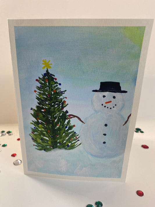 Snowman Decorating a Christmas Tree Hand Painted Watercolor Christmas Card