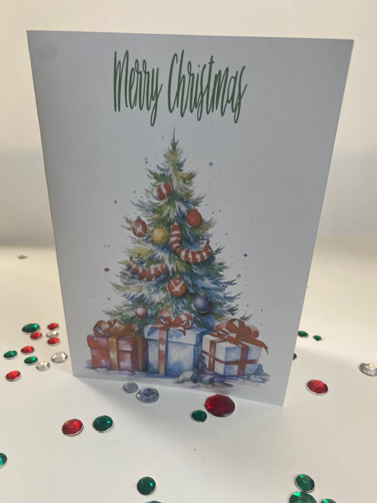 Merry Christmas Printed Greeting Card with a Pretty Christmas Tree and Presents