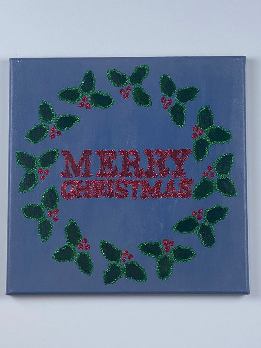 Merry Christmas Holly Berries Holiday Sign, Acrylic Painting with Glitter