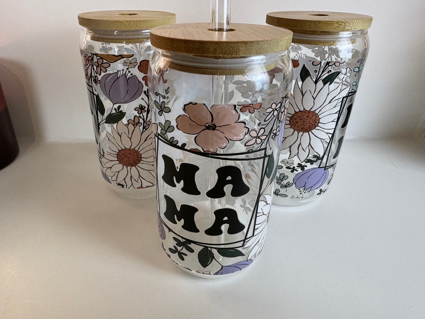 Glass Cup For Iced Coffee,  Mama with Floral Design, 16 Oz Sarcastic Glass Can