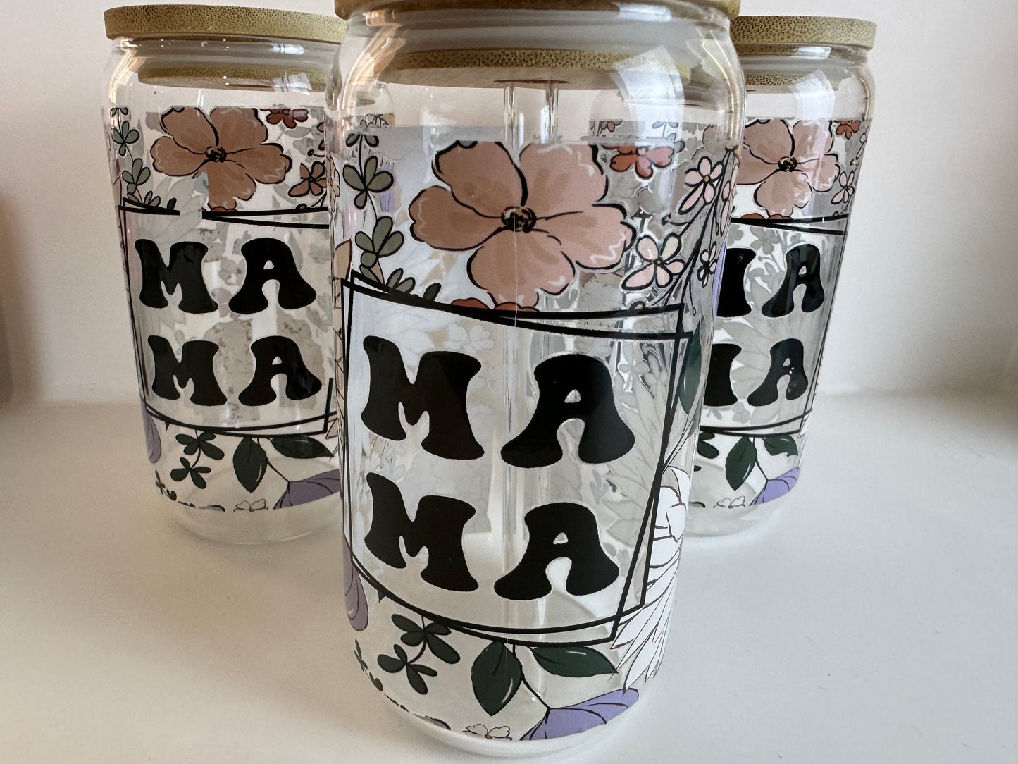 Glass Cup For Iced Coffee,  Mama with Floral Design, 16 Oz Sarcastic Glass Can