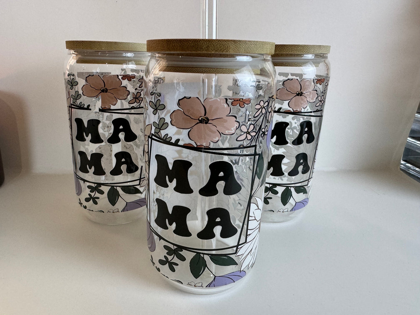 Glass Cup For Iced Coffee,  Mama with Floral Design, 16 Oz Sarcastic Glass Can