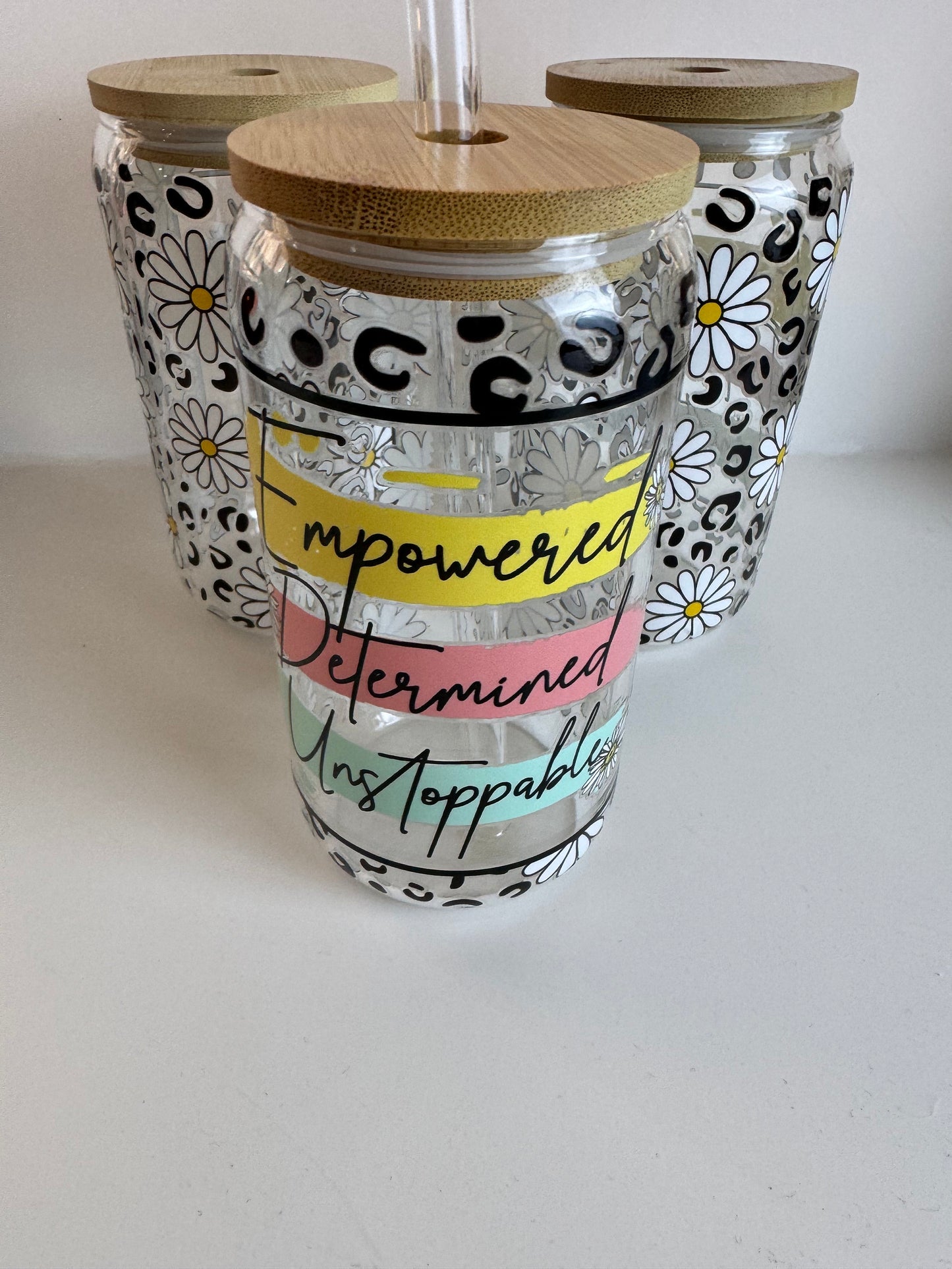 Iced Coffee Glass Cup, Empowered Determined Unstoppable, Motivational Cups