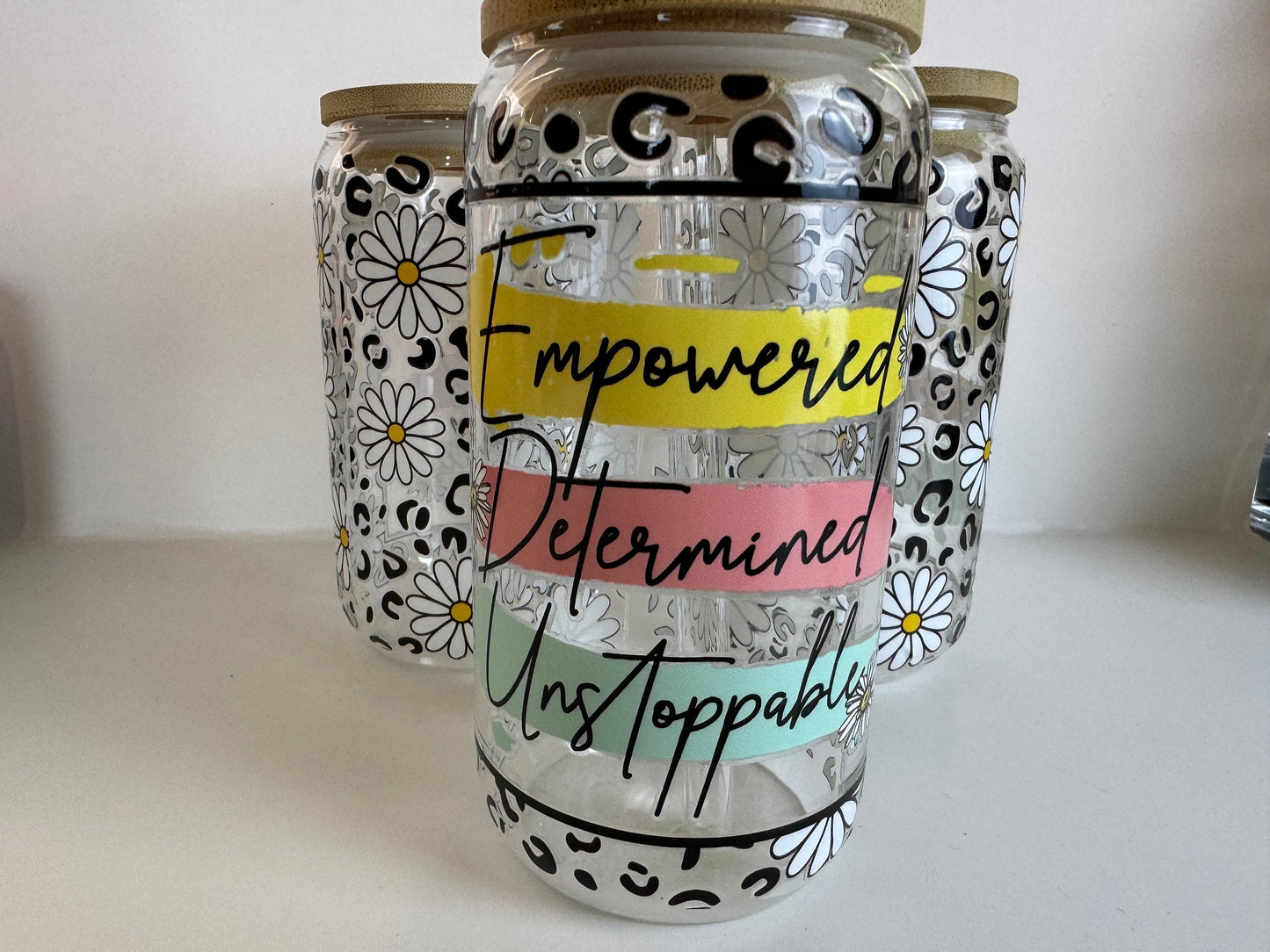 Iced Coffee Glass Cup, Empowered Determined Unstoppable, Motivational Cups