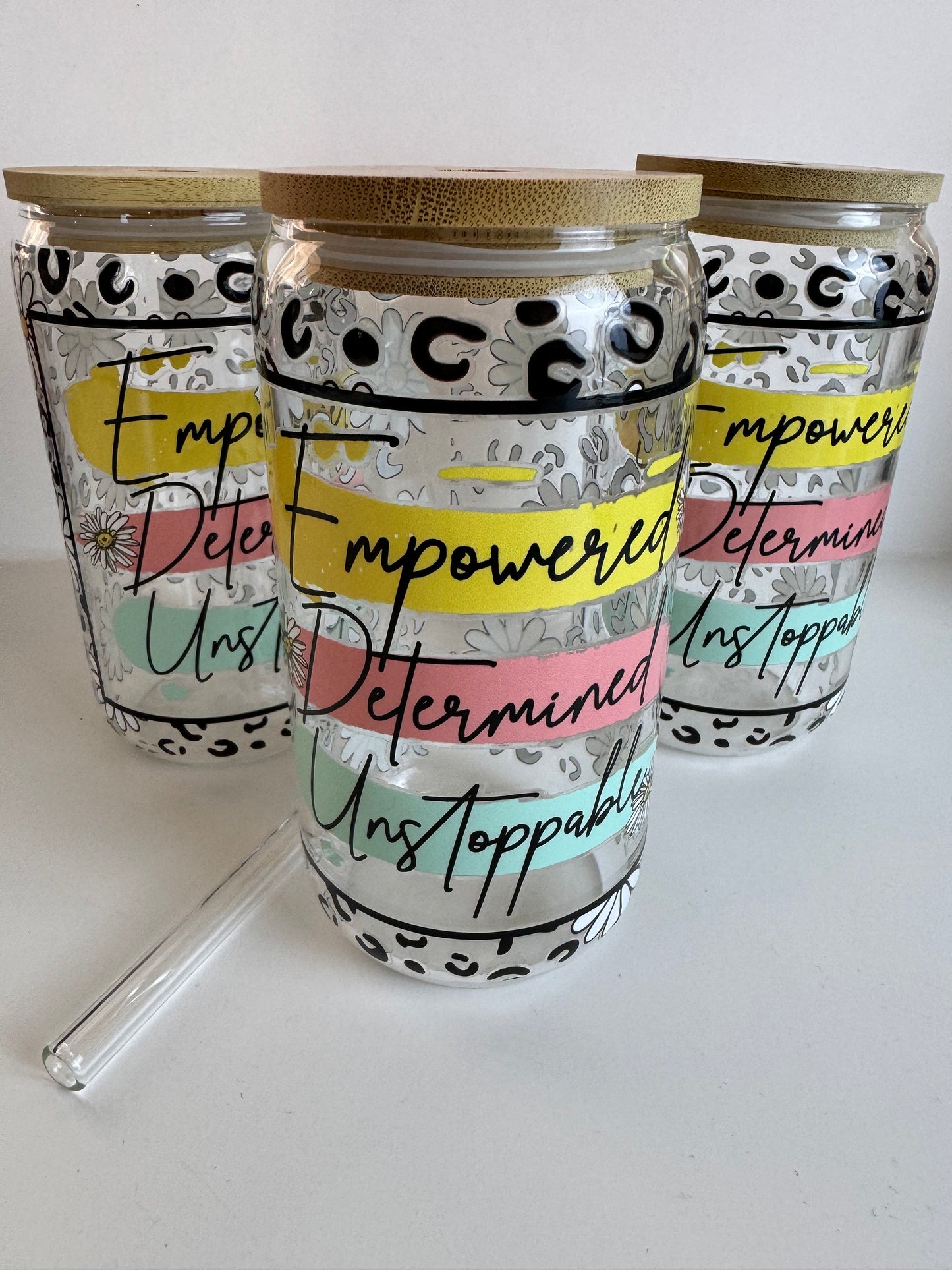 Iced Coffee Glass Cup, Empowered Determined Unstoppable, Motivational Cups