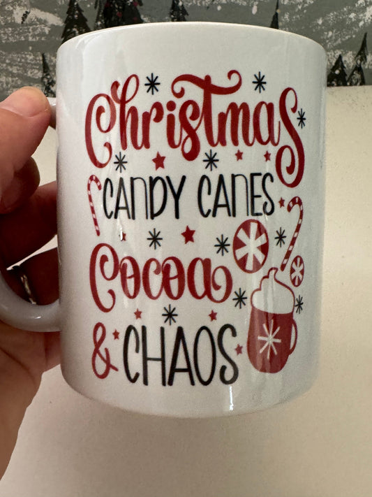 Christmas Candy Canes Cocoa and Chaos Christmas Holiday Coffee Mug, 11 Oz Sublimated Cup