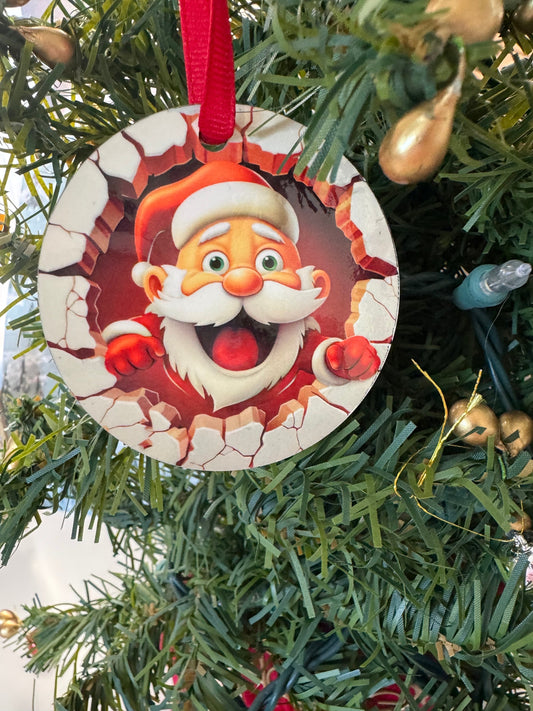 Christmas Tree Ornament, Cute Santa Breakthrough Design, MDF Sublimated 2.75 Inches, Doublesided