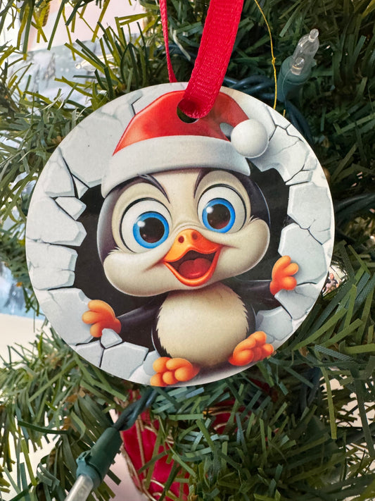 Christmas Tree Ornament, Cute Penguin Breakthrough Design, MDF Sublimated 2.75 Inches, Doublesided