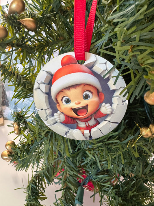 Christmas Tree Ornament, Cute Kid Breakthrough Design, MDF Sublimated 2.75 Inches, Doublesided