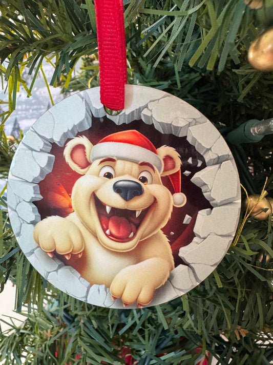 Christmas Tree Ornament, Cute Polar Bear Breakthrough Design, MDF Sublimated 2.75 Inches, Doublesided