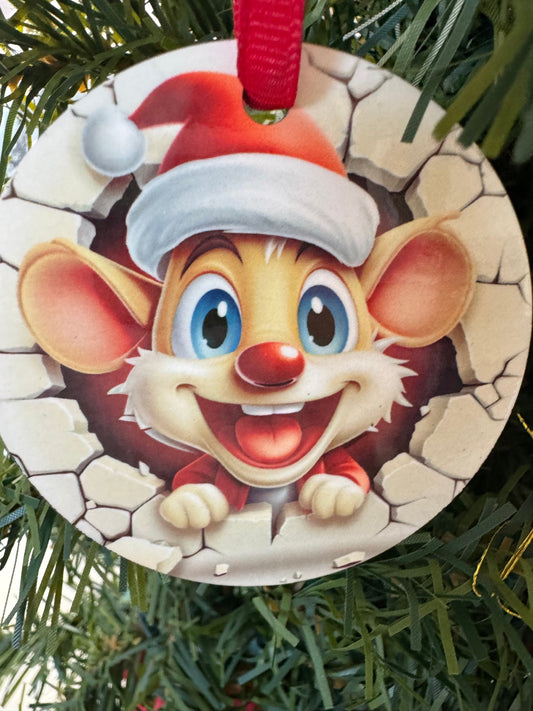 Christmas Tree Ornament, Cute Mouse Breakthrough Design, MDF Sublimated 2.75 Inches, Doublesided