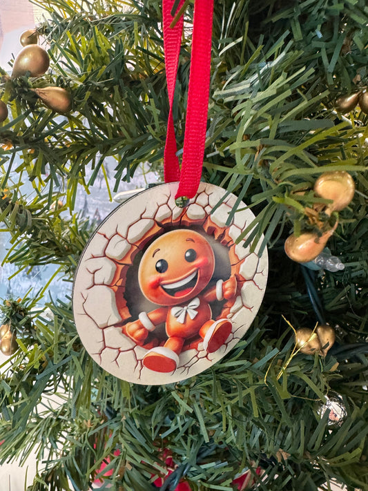 Christmas Tree Ornament, Cute Gingerbread Man Breakthrough Design, MDF Sublimated 2.75 Inches, Doublesided