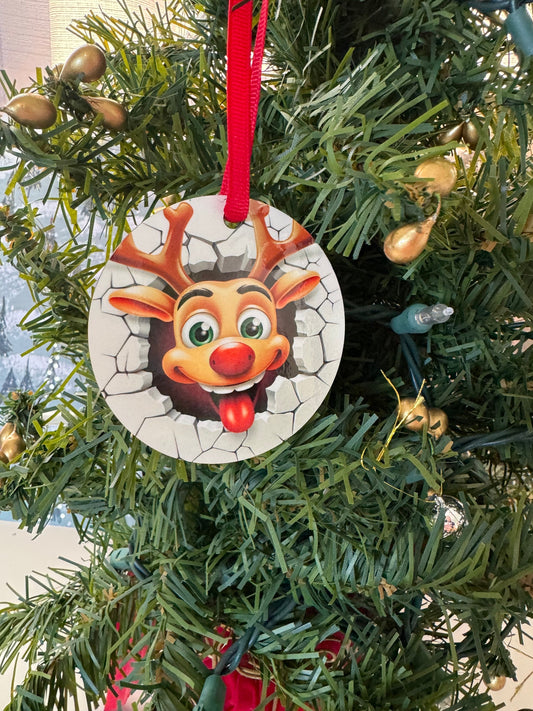 Christmas Tree Ornament, Cute Reigndeer Breakthrough Design, MDF Sublimated 2.75 Inches, Doublesided